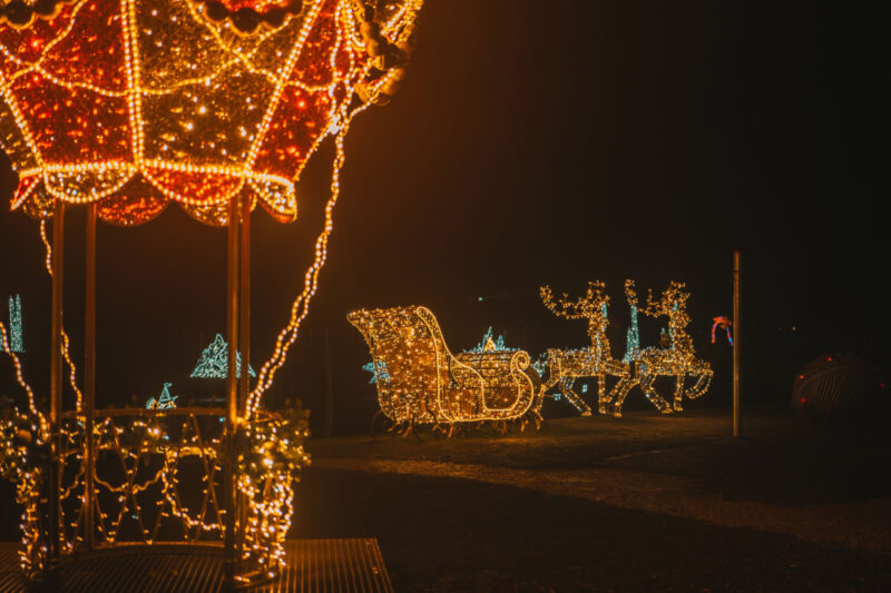 Christmas balloon,reindeer with sleigh made of garlands. Festive Christmas street decoration.Christmas holiday background.Light installation made of garlands.